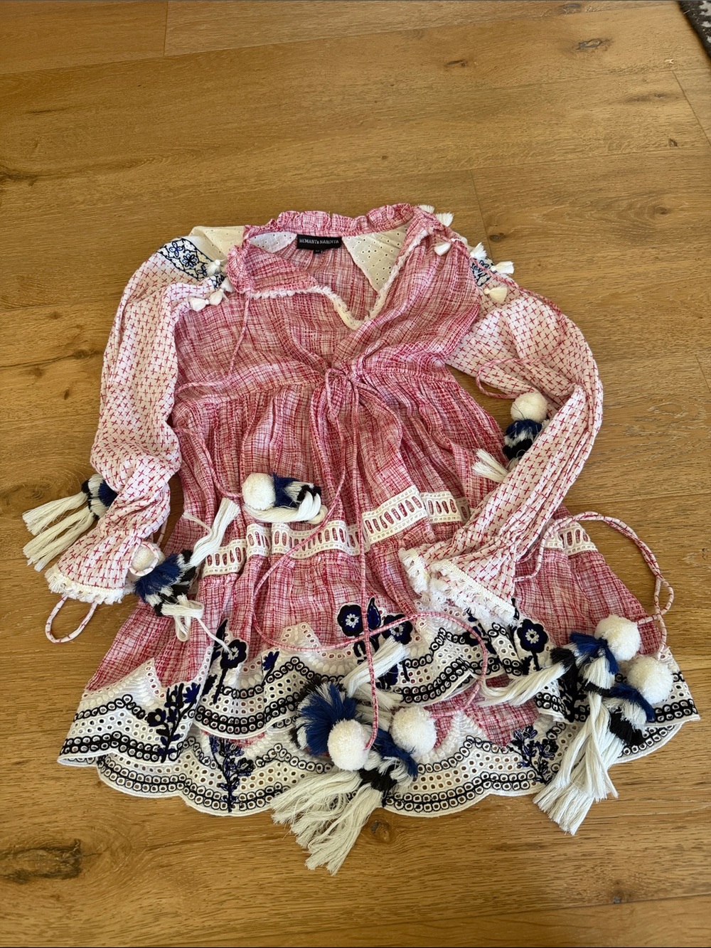HEMANT & NANDITA Pink and White Textured Boho Blouse